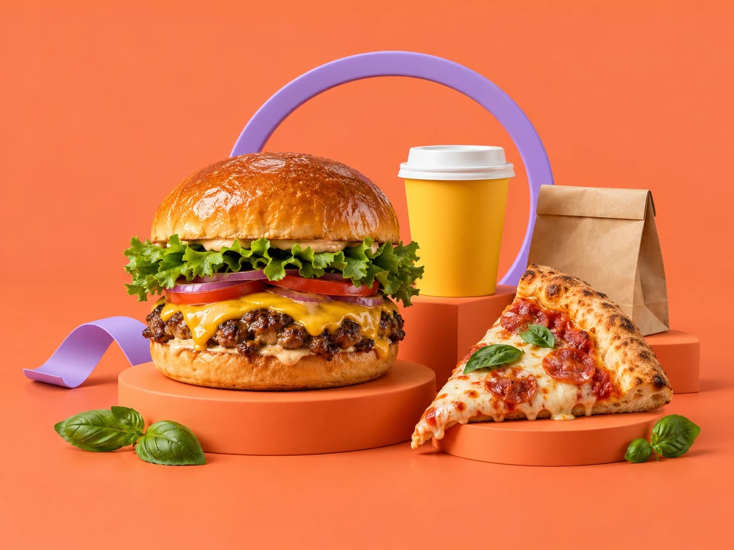 Composição colorida com hambúrguer, pizza e embalagens de delivery.